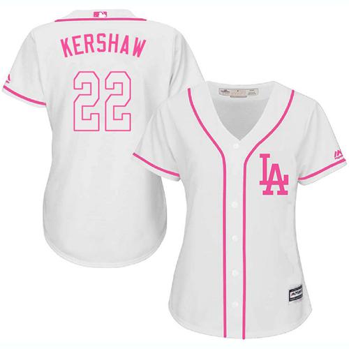 Dodgers #22 Clayton Kershaw White/Pink Fashion Women's Stitched MLB Jersey - Click Image to Close